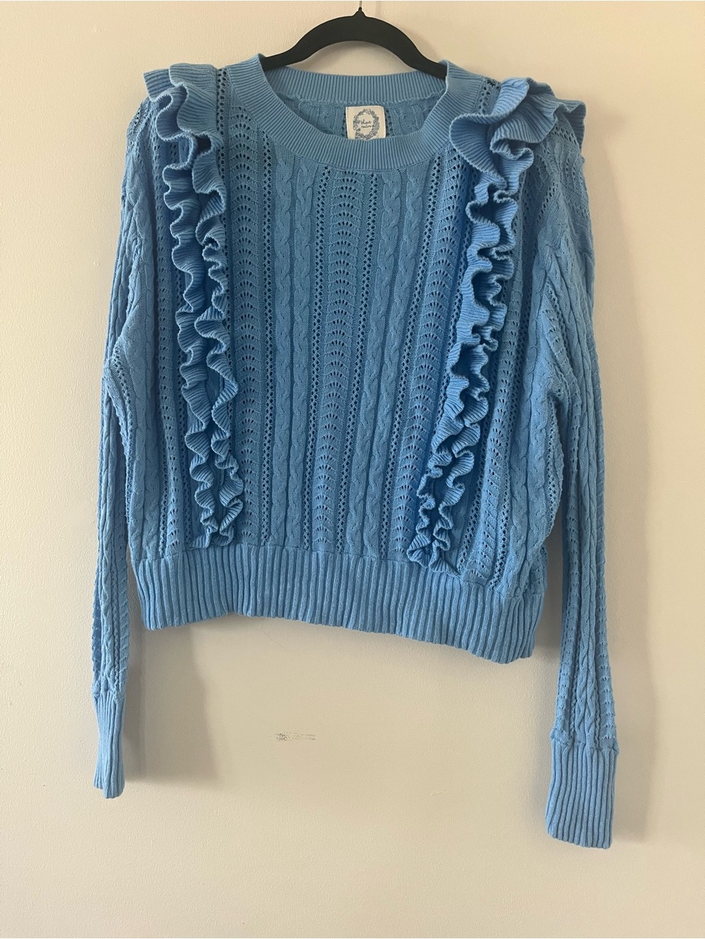 Blue Ruffle Cable Knit Pointelle Sweater Large 100% Cotton Romantic Cottagecore